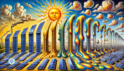 Surreal image of rooftop solar panels melting in intense heat, symbolizing the fragility of clean energy progress under political and environmental pressures