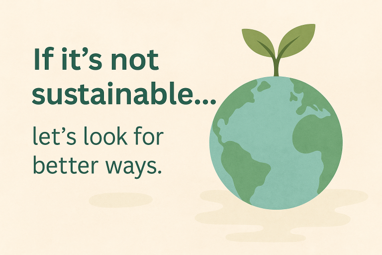 Image of Earth with a nice plant growing out of it. "If it's not sustainable ... let's look for better ways."