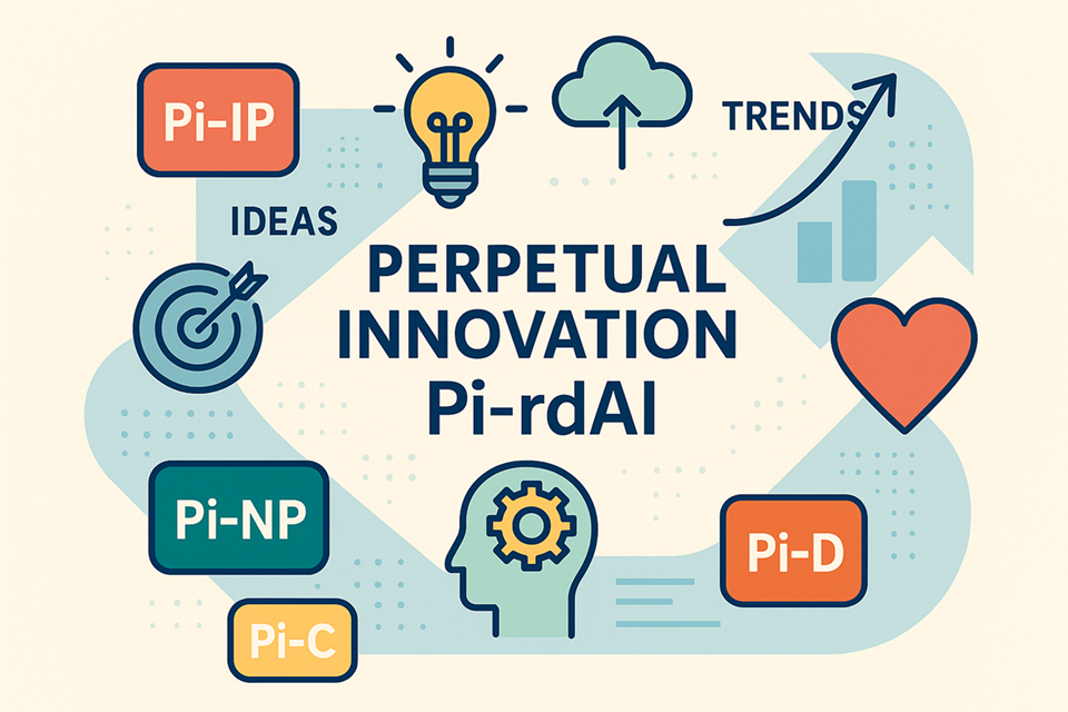 Abstract visual of Perpetual Innovation sections including Pi-IP, Pi-NP, Pi-D, Pi-Sustain, and Pi-Scenario with hearts, ideas, and strategy icons