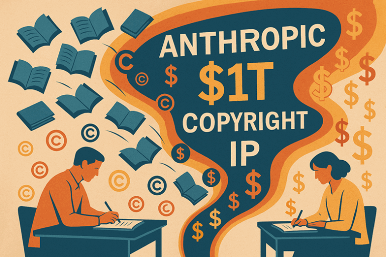 Illustration of authors writing with books flying away, copyright symbols, and words “Anthropic,” “Copyright,” and “IP” highlighting intellectual property concerns in AI.