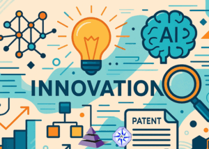 Abstract illustration showing innovation, AI, and patent strategy with lightbulb, charts, brain labeled AI, and patent document