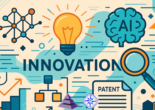 Abstract illustration showing innovation, AI, and patent strategy with lightbulb, charts, brain labeled AI, and patent document