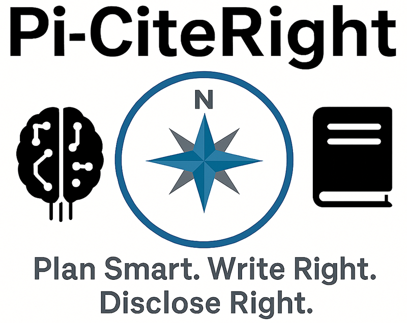 Pi-CiteRight logo with compass icon, brain and book symbols, and tagline: Plan Smart. Write Right. Disclose Right.