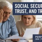 Elderly couple reviewing documents with concerned expressions about Social Security misinformation