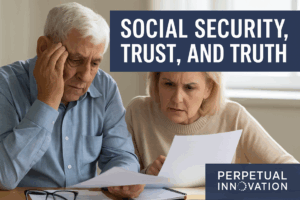 Elderly couple reviewing documents with concerned expressions about Social Security misinformation