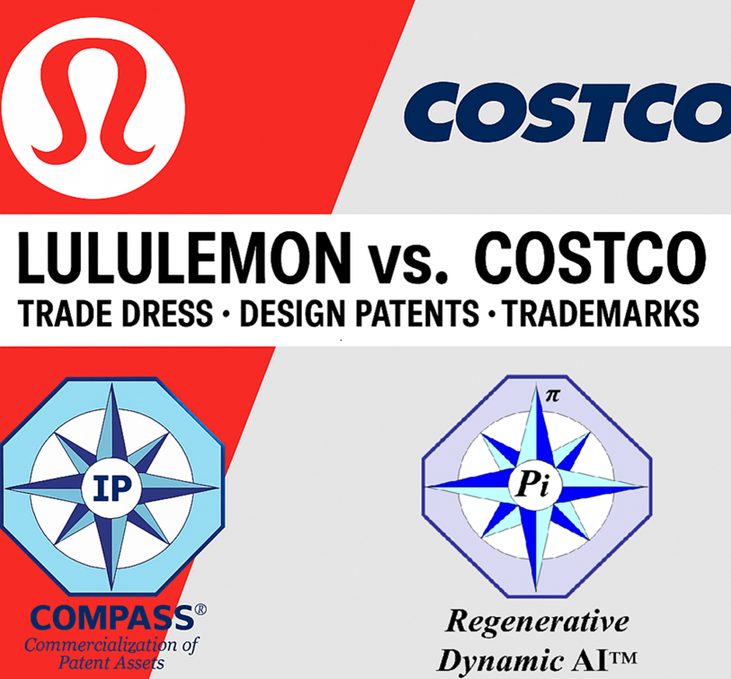Visual showing Lululemon vs. Costco IP lawsuit with COMPASS and rdAI logos, referencing trade dress, design patents, and trademark infringement