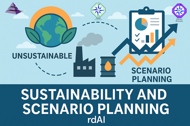 Sustainability and scenario planning synergy with rdAI showing transition from unsustainable industry to resilient future strategies