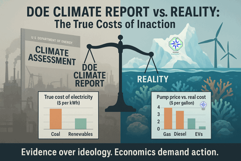 Split-screen infographic comparing the DOE climate report with global scientific consensus, featuring fossil fuel costs on the left and renewable energy solutions with ocean impacts on the right, with justice scales tilted toward reality.