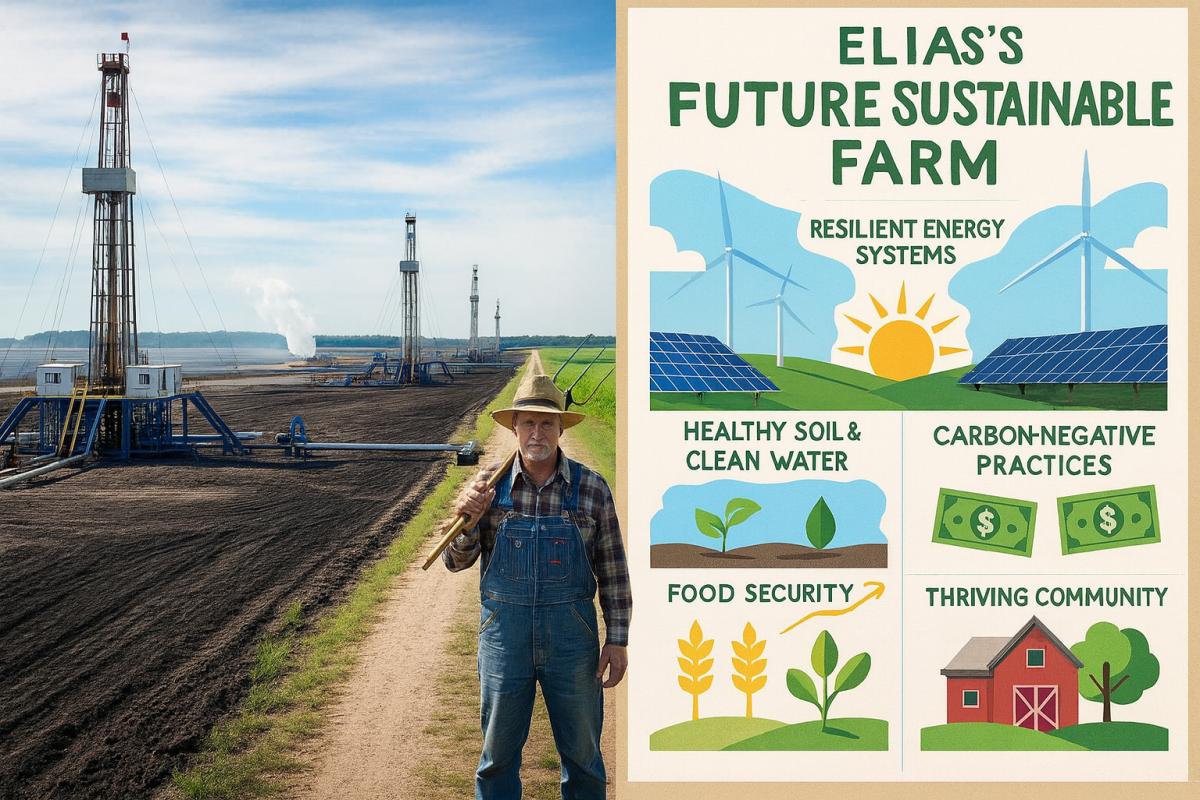 Farmer standing between oil drilling rigs on one side and a vision board of a sustainable farm with renewables, regenerative farming, and community on the other side