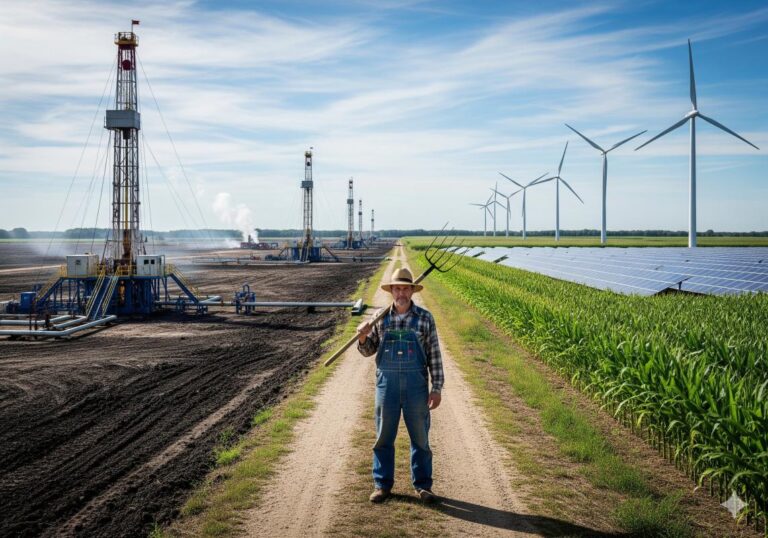 Farmer standing at the crossroads between oil and gas drilling and renewable energy future with wind turbines and solar panels
