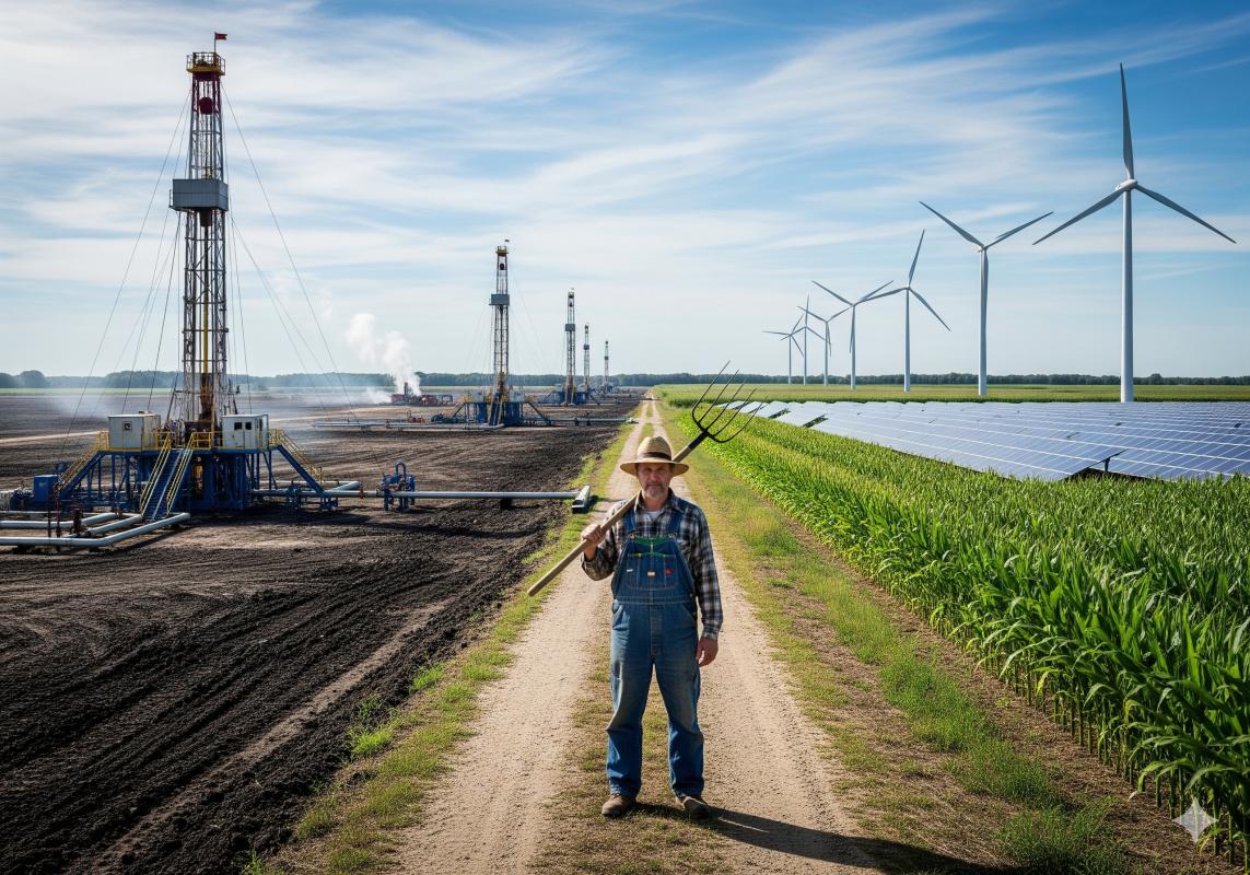 Farmer standing at the crossroads between oil and gas drilling and renewable energy future with wind turbines and solar panels