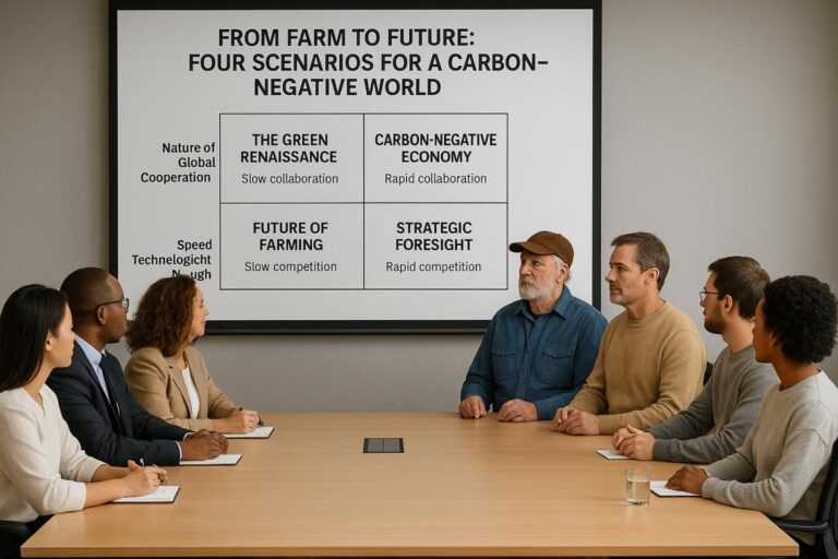 Boardroom with farmers and consultants viewing a 2x2 scenario matrix titled From Farm to Future: Four Scenarios for a Carbon-Negative World