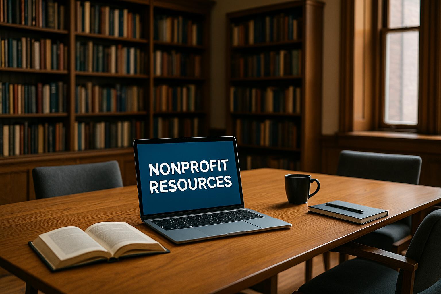 Library study room with laptop and books symbolizing nonprofit resources, strategic planning, and consulting support.