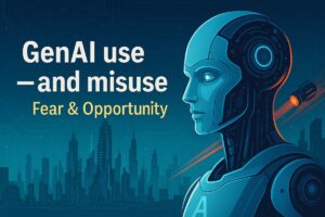 Futuristic digital illustration with a robotic figure, glowing city skyline, and bold text “GenAI use — and misuse! Fear & Opportunity,” symbolizing both the benefits and risks of generative AI.