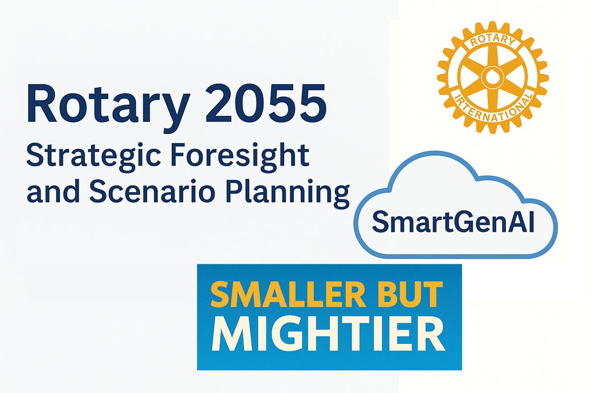 Infographic titled “Rotary 2055: SmartGenAI and the Future of Service Clubs” showing smaller membership on one side and greater global impact on the other. Includes tagline: “Smaller in numbers, mightier in impact.”