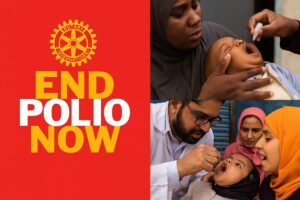 Rotary End Polio Now logo with images of children receiving polio vaccine drops, highlighting Rotary’s global presence.