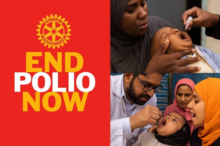 Rotary End Polio Now logo with images of children receiving polio vaccine drops, highlighting Rotary’s global presence.