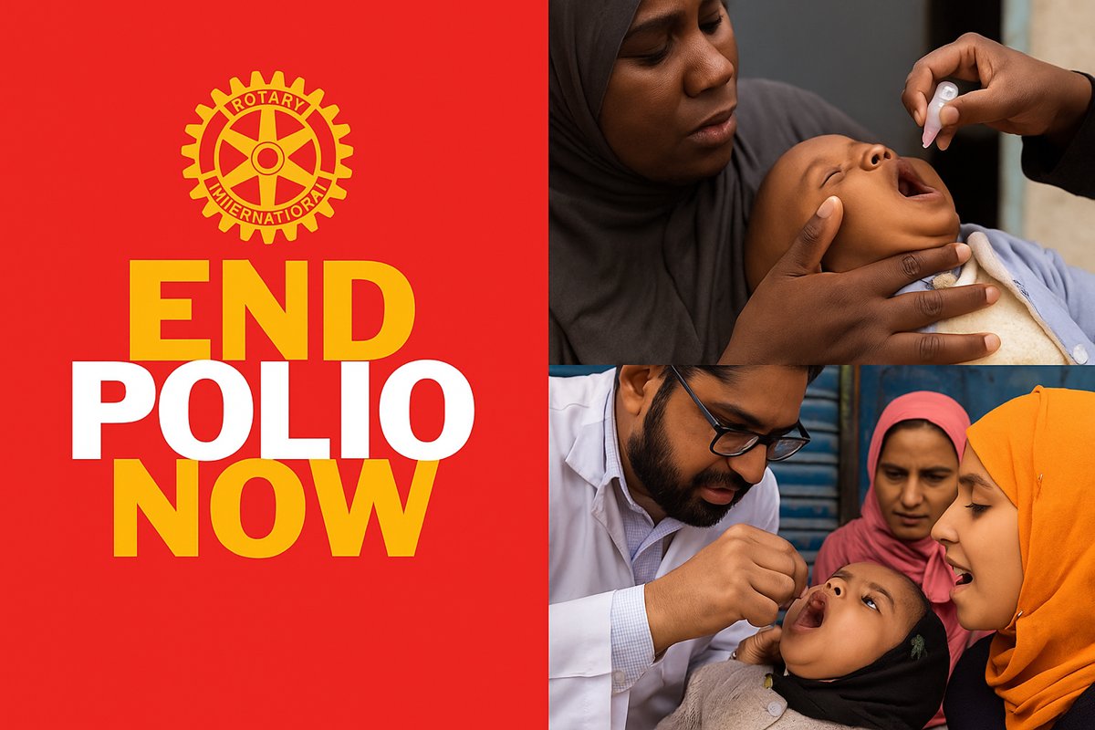 Rotary End Polio Now logo with images of children receiving polio vaccine drops, highlighting Rotary’s global presence.