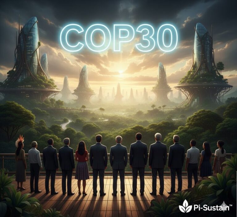 COP30 Amazon summit attendees looking at a vibrant, futuristic Amazon rainforest with glowing 'COP30' sign and sustainable infrastructure, symbolizing climate action and the future of international cooperation.