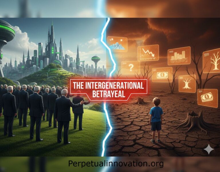 Conceptual image illustrating the burden of climate change passed to future generations, featuring a child standing before a damaged landscape while political leaders look away.