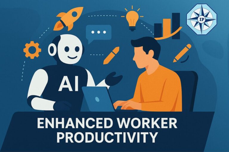 Illustration of enhanced worker productivity with a worker silhouette, a bright AI copilot interface, rising productivity icons, and the IP COMPASS® logo in the upper right, with the caption “Enhanced Worker Productivity” at the bottom.