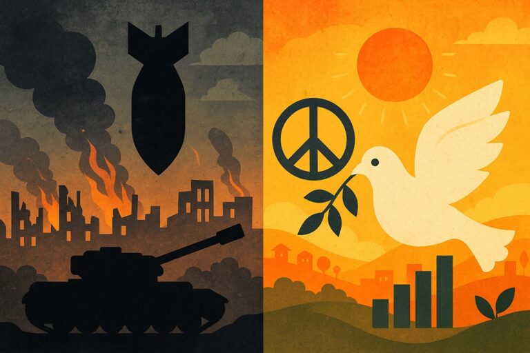 Abstract illustration showing war and destruction on the left and peace, sustainability, and economic growth on the right, symbolizing the peace dividend through knowledge and regeneration