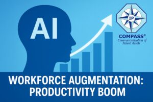 Illustration of AI workforce augmentation showing a human head silhouette with “AI,” upward productivity bars, growth arrow, and the IP COMPASS® logo in the upper right, with the caption “Workforce Augmentation: Productivity Boom” at the bottom.