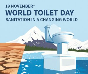 Toilet between dry earth and melting ice symbolizing global sanitation and climate change