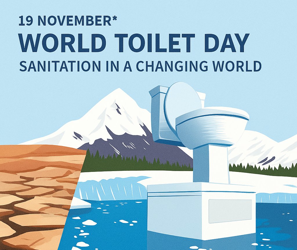Toilet between dry earth and melting ice symbolizing global sanitation and climate change