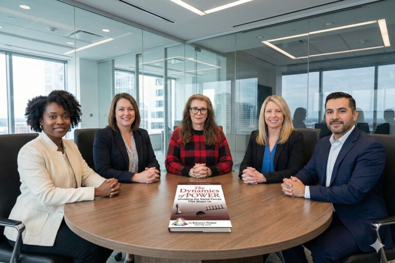 Dr. Cheryl Lentz leads a diverse boardroom meeting with a Hispanic man and a Black woman, featuring the book cover of The Dynamics of Power Refractive Thinker Vol XXVI in the foreground.