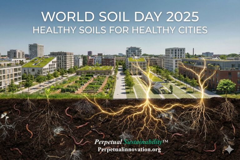 Cross-section illustration for World Soil Day 2025 showing a sustainable city with green roofs above and a healthy, living soil ecosystem with roots and earthworms below.