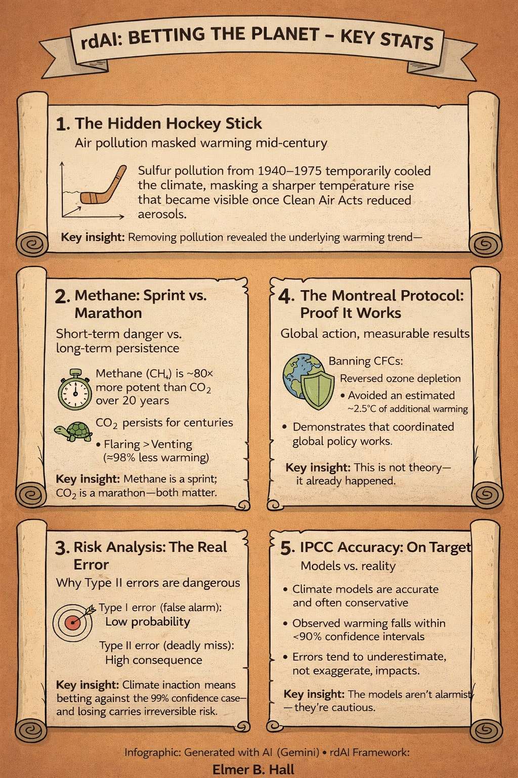 Key climate statistics infographic showing global temperature rise, methane potency, sulfur masking, and statistical risk in climate decisions.