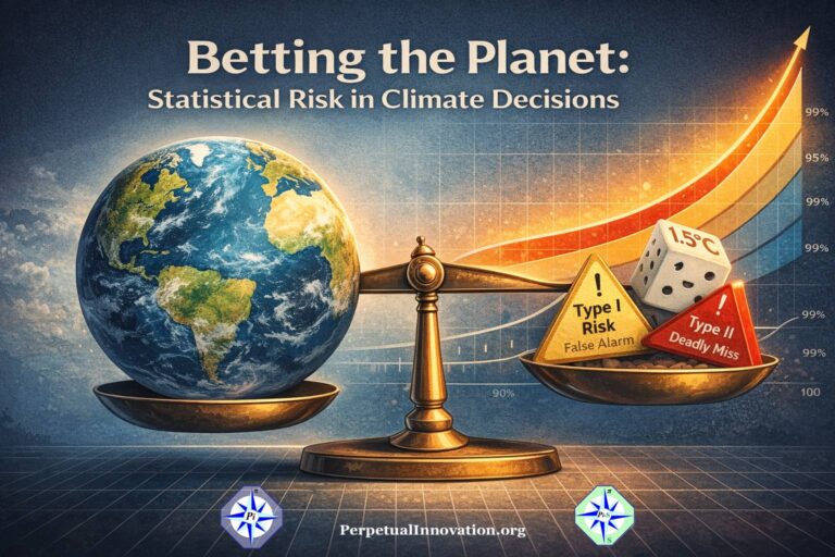 Earth balanced against statistical risk curves illustrating climate decision-making and global warming uncertainty.
