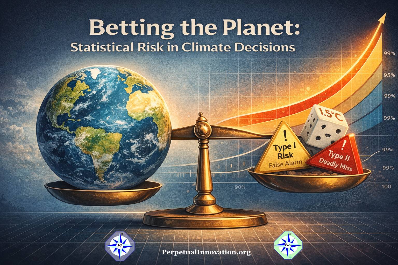 Earth balanced against statistical risk curves illustrating climate decision-making and global warming uncertainty.