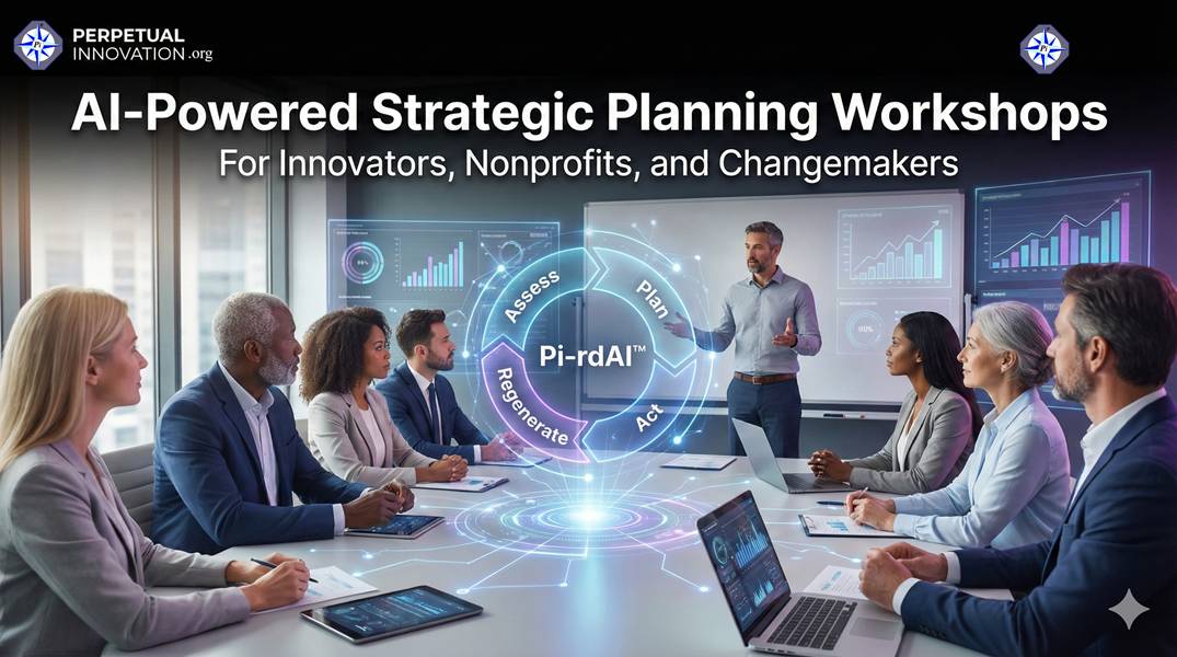 A facilitator leading an AI-powered strategic planning workshop for a diverse team, utilizing the Pi-rdAI regenerative model.