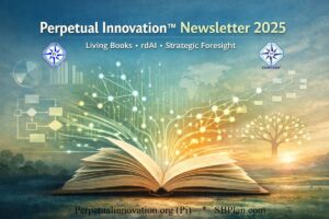 Perpetual Innovation Newsletter 2025 featuring living books, regenerative dynamic AI, and strategic planning frameworks