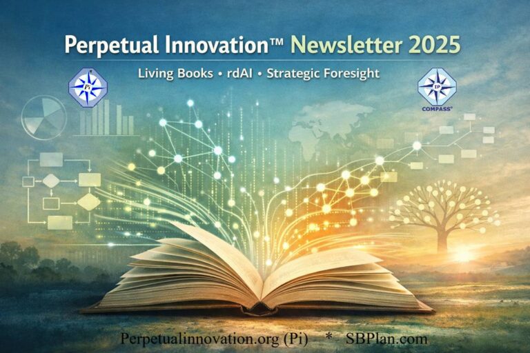 Perpetual Innovation Newsletter 2025 featuring living books, regenerative dynamic AI, and strategic planning frameworks