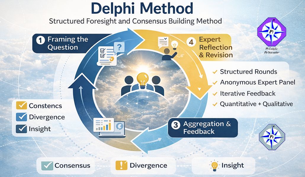 Delphi Method framework showing iterative expert input, aggregation, feedback, and consensus for strategic foresight and planning under uncertainty