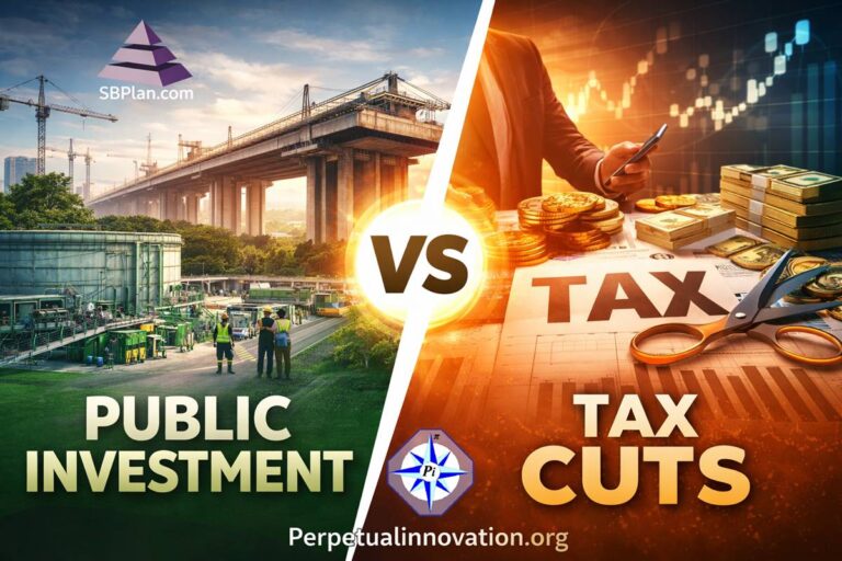 Split image comparing public infrastructure investment with tax cuts, illustrating two competing strategies for long-term economic productivity.