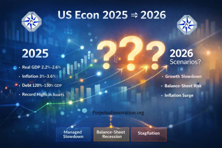 Abstract visualization of U.S. economic data from 2025 transitioning to uncertain 2026 scenarios, including managed slowdown, balance-sheet recession, and stagflation.