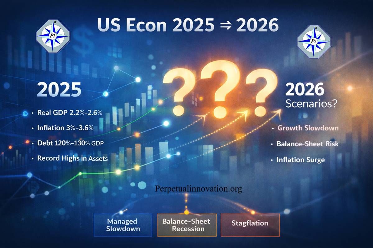 Abstract visualization of U.S. economic data from 2025 transitioning to uncertain 2026 scenarios, including managed slowdown, balance-sheet recession, and stagflation.