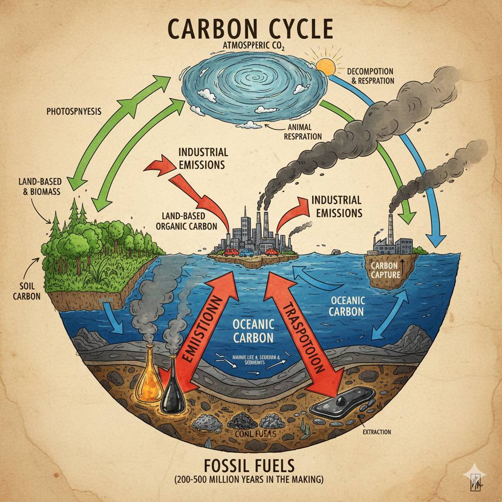 A detailed diagram of the carbon cycle showing atmospheric CO2, oceanic carbon, and fossil fuels entering the ecosystem through industrial emissions.