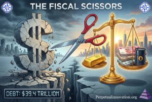 Illustration of the "Fiscal Scissors" concept: A cracking stone US Dollar sign on a crumbling cliff next to a digital counter reading "DEBT: $39.4 TRILLION". Large red scissors cut between the dollar and a golden balance scale holding gold bars on one side, and foreign currencies (Yuan, Euro) plus an oil barrel on the other, symbolizing the shift to a multipolar financial order.