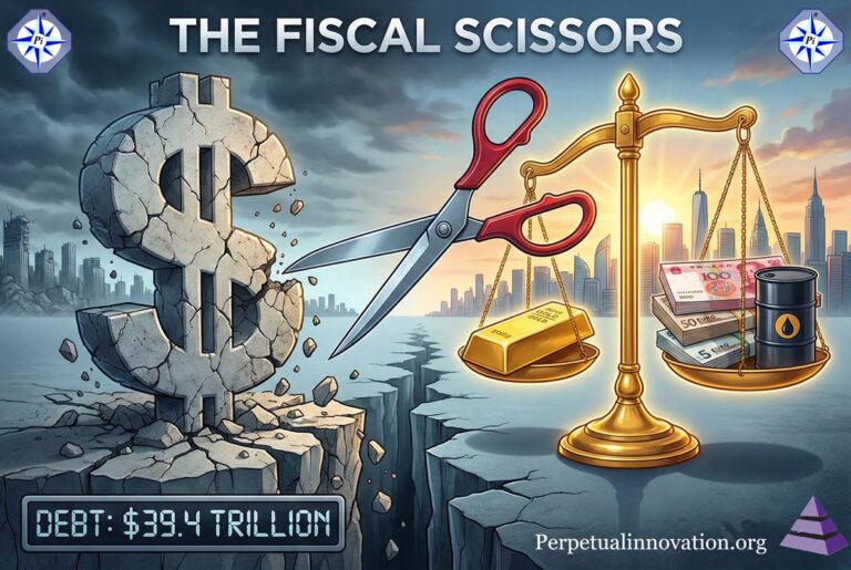 Illustration of the "Fiscal Scissors" concept: A cracking stone US Dollar sign on a crumbling cliff next to a digital counter reading "DEBT: $39.4 TRILLION". Large red scissors cut between the dollar and a golden balance scale holding gold bars on one side, and foreign currencies (Yuan, Euro) plus an oil barrel on the other, symbolizing the shift to a multipolar financial order.