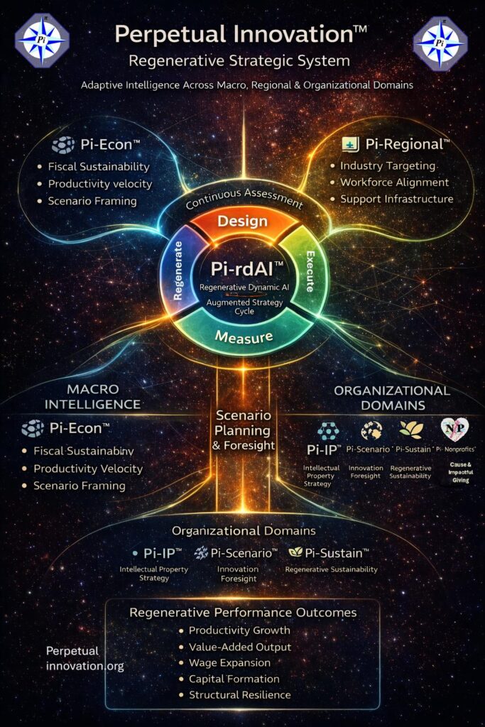 Infographic of the Perpetual Innovation™ regenerative strategy architecture showing the Pi-rdAI™ Augmented Strategy Cycle with Design, Execute, Measure, and Regenerate phases, connected to macro (Pi-Econ™), regional (Pi-Regional™), and organizational domains including Pi-IP™, Pi-Sustain™, Pi-Scenario™, and Pi-Nonprofits™.