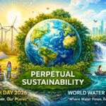 Illustration of Earth centered between renewable energy systems and water ecosystems with text “Earth Day 2026 – Our Power, Our Planet” and “World Water Day 2026 – Where Water Flows, Equality Grows.”