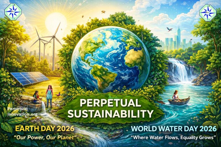 Illustration of Earth centered between renewable energy systems and water ecosystems with text “Earth Day 2026 – Our Power, Our Planet” and “World Water Day 2026 – Where Water Flows, Equality Grows.”