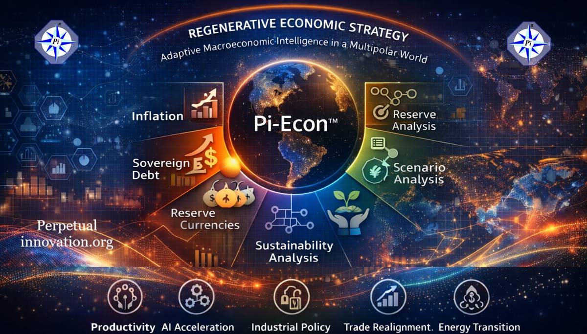 Diagram of the Pi-Econ™ regenerative macroeconomic strategy model showing a circular cycle of Design, Execute, Measure, and Regenerate surrounded by Continuous Assessment and Signal Detection, with fiscal sustainability, productivity, inflation, and competitiveness factors displayed.