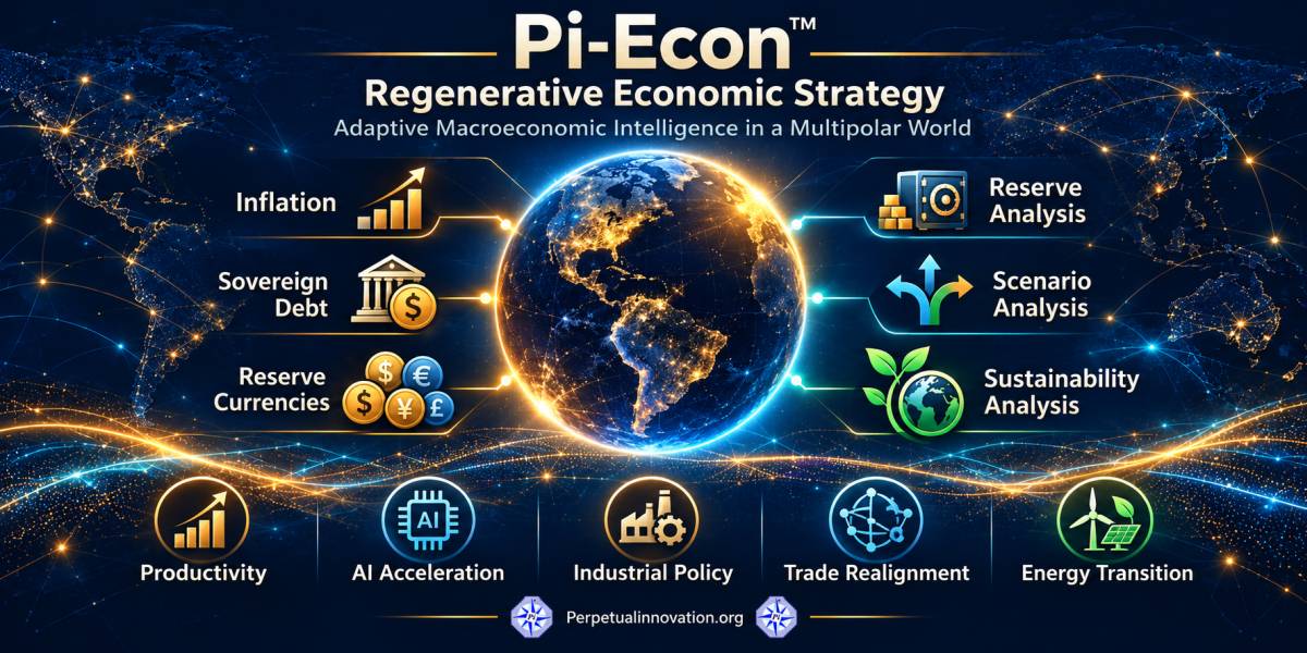 Diagram of the Pi-Econ™ regenerative macroeconomic strategy model showing a circular cycle of Design, Execute, Measure, and Regenerate surrounded by Continuous Assessment and Signal Detection, with fiscal sustainability, productivity, inflation, and competitiveness factors displayed.