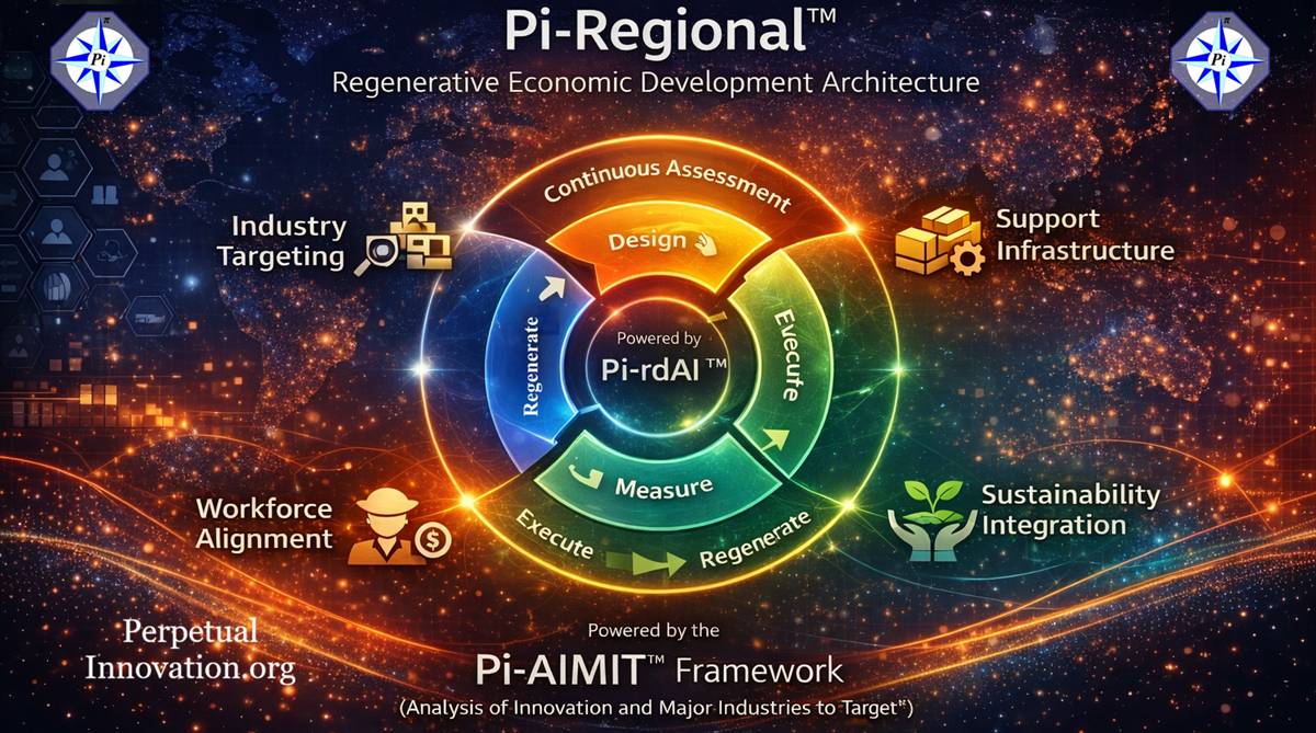 Diagram of the Pi-Regional™ regenerative economic development framework showing industry targeting at the center, surrounded by workforce systems, capital deployment, support infrastructure, cluster strategy, and sustainability within a continuous assessment cycle.